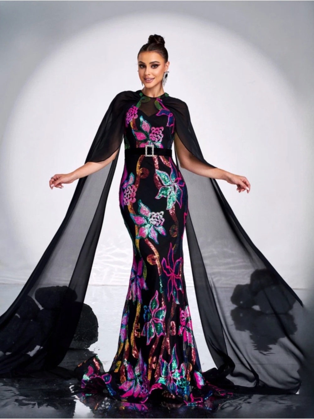 Black Floral Sequin Cape Evening Gown with Belt